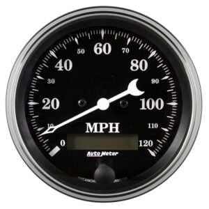 GAUGE; SPEEDO.; 3 3/8in.; 120MPH; ELEC. PROG. W/LCD ODO; OLD TYME BLACK