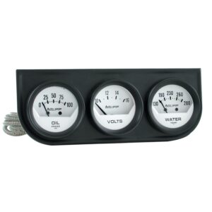 GAUGE CONSOLE; OILP/WTMP/VOLT; 2in.; 100PSI/280 F/16V; WHT DIAL; BLK BZL; AG