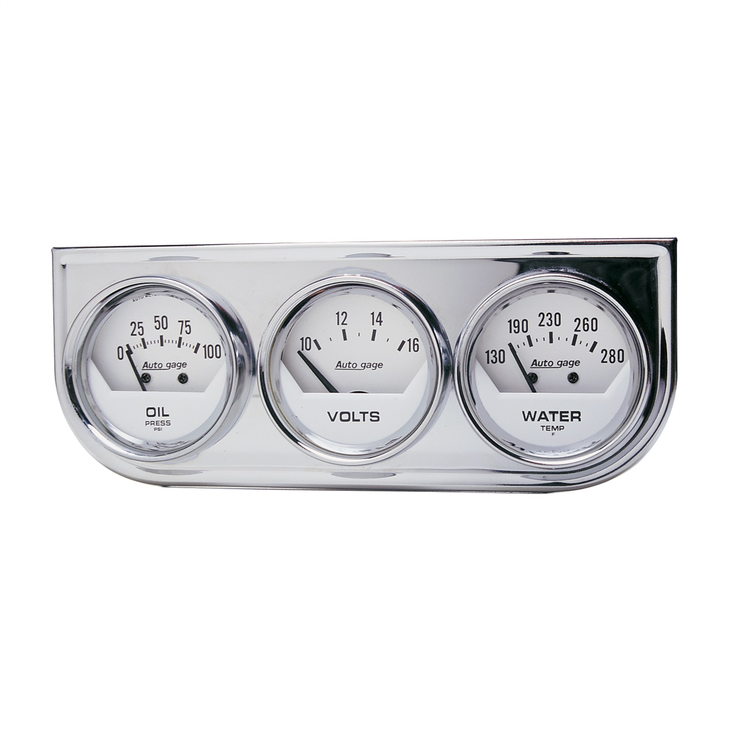 GAUGE CONSOLE; OILP/WTMP/VOLT; 2in.; 100PSI/280 F/16V; WHT DIAL; CHROME BZL; AG