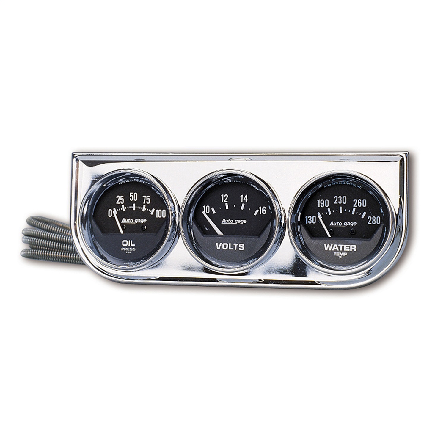 GAUGE CONSOLE; OILP/WTMP/VOLT; 2in.; 100PSI/280 F/16V; BLK DIAL; CHROME BZL; AG