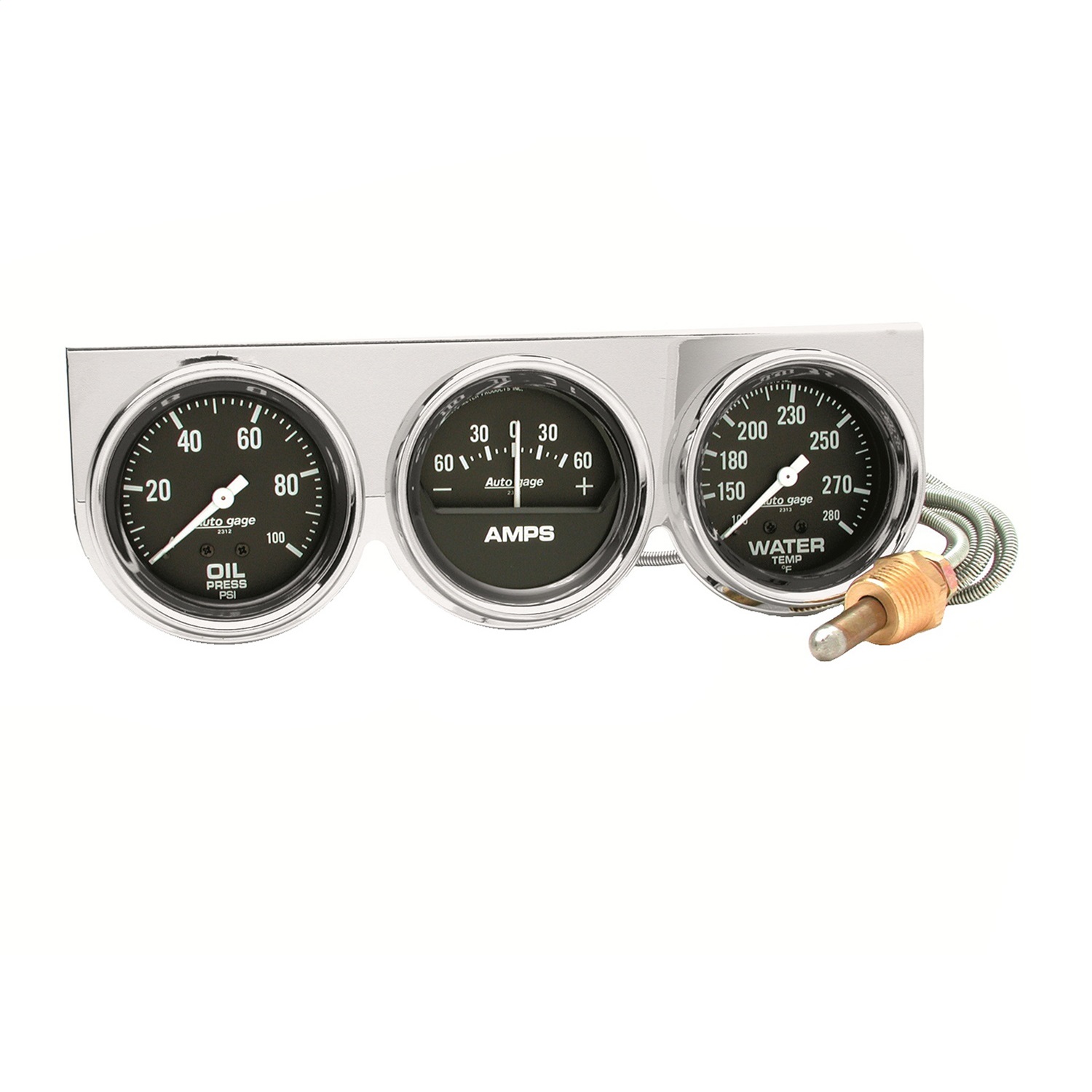 GAUGE CONSOLE; OILP/WTMP/AMP; 2 5/8in.; 100PSI/280 F/60A; BLK DIAL; CHROME BZL;
