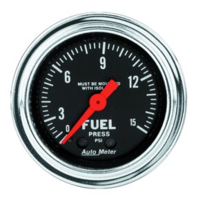 GAUGE; FUEL PRESSURE; 2 1/16in.; 15PSI; MECH. W/ISOLATOR; TRADITIONAL CHROME