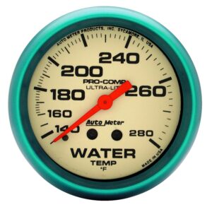 GAUGE; WATER TEMP; 2 5/8in.; 140-280 F; MECH.; 4FT.; GLOW IN DARK; ULTRA-NITE
