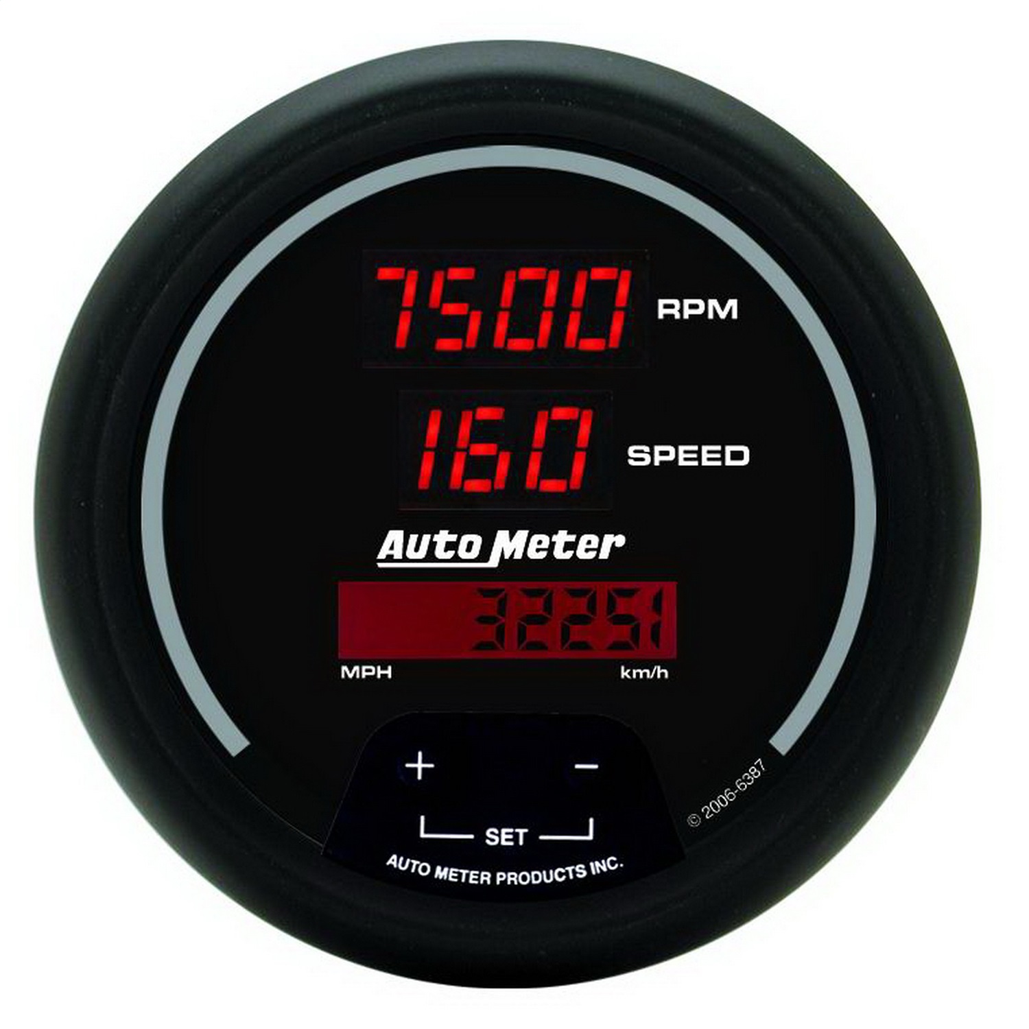 GAUGE; TACH/SPEEDO; 3 3/8in.; 260MPH/260KMH/10KRPM; PROGRAM; DIG; BLK W/RD LED
