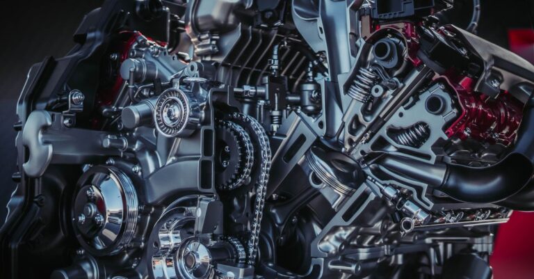 Detailed close-up of a modern metallic car engine with intricate components.