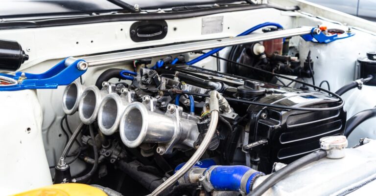 Detailed view of a modified car engine with visible components.