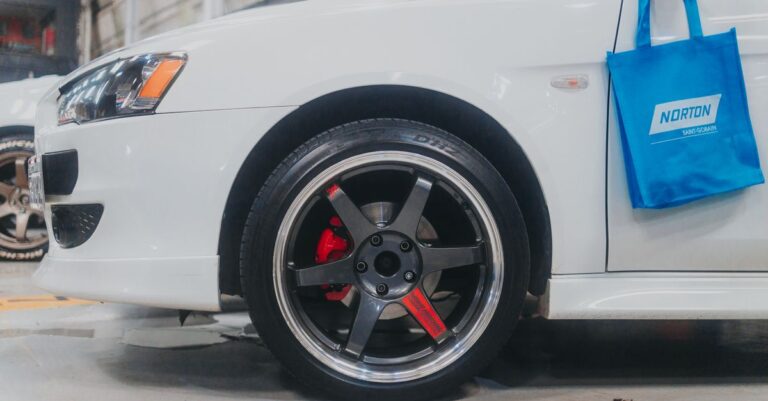 Detailed close-up of a white car's alloy wheel with visible brake calipers in a garage setting.
