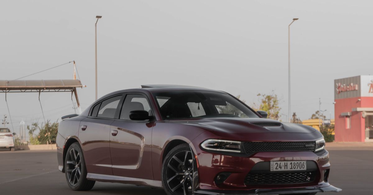 A stylish dark red Dodge Charger parked in an urban area, showcasing sleek design and power.